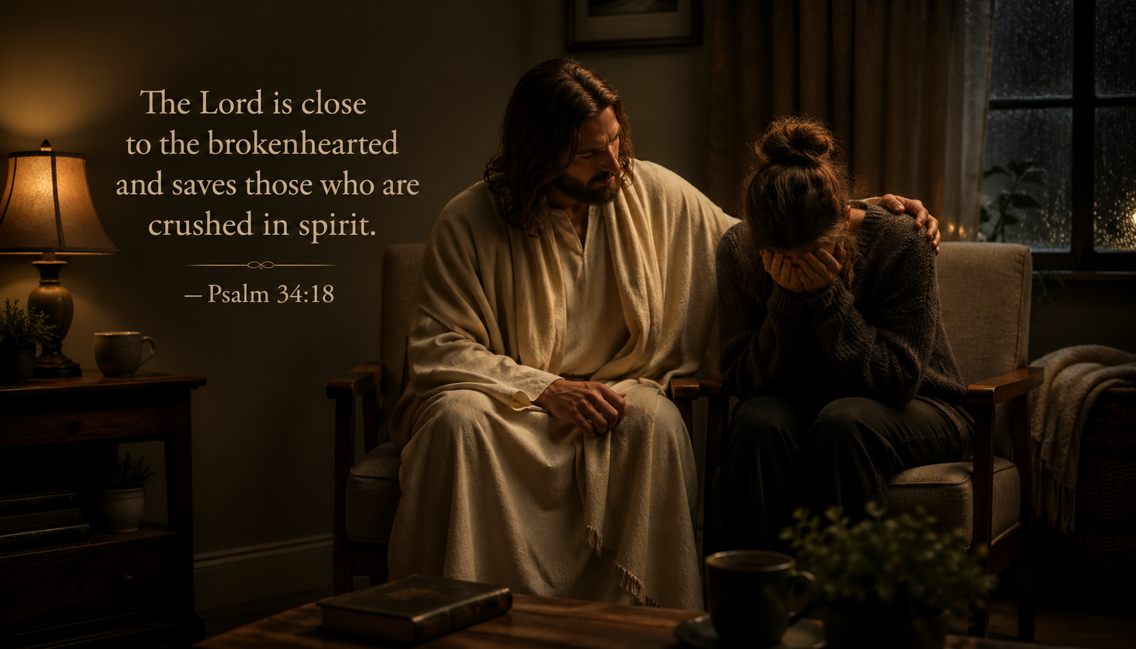 Two chairs pulled close together one empty one occupied by grieving person in dim lamplight with Psalm 34:18 text